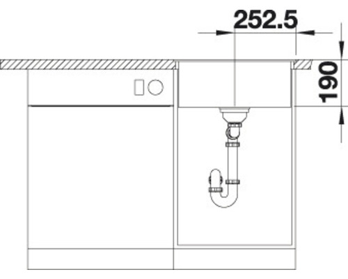 Tekening van een gootsteen met afmetingen.