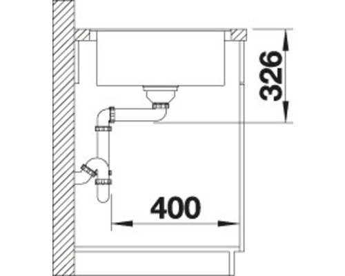 Technische tekening van een gootsteen met afmetingen 400 en 326