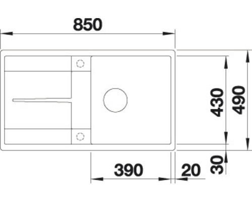 Technische tekening van een spoelbak met afmetingen.