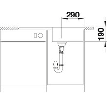 Schematische tekening van een gootsteen met afmetingen van 290 bij 190