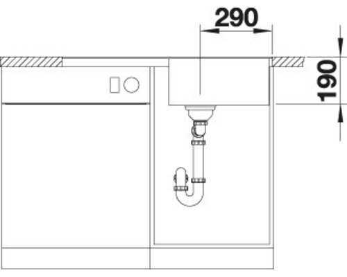 Schematische tekening van een gootsteen met afmetingen van 290 bij 190
