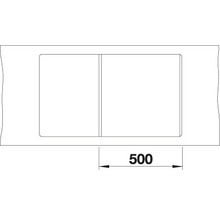 Technische tekening van een spoelbak met een breedte van 500 millimeter.