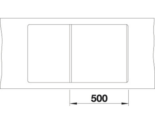 Technische tekening van een spoelbak met een breedte van 500 millimeter.