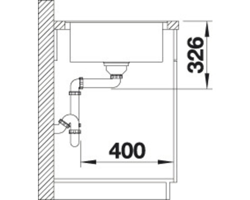 Technische tekening van een spoelbak met afmetingen voor installatie