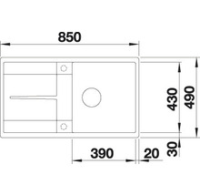 Technische tekening van een spoelbak met afmetingen