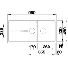 Technische tekening van een spoelbak met afmetingen