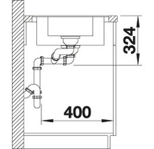 Schema van een spoelbak met een sifon en de maatvoering 324 en 400.