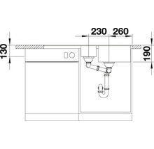 Installatietekening van een spoelbak met vaatwasser en maatvoering.