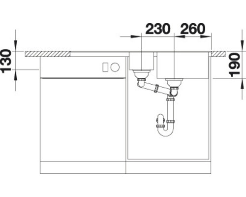 Installatietekening van een spoelbak met vaatwasser en maatvoering.
