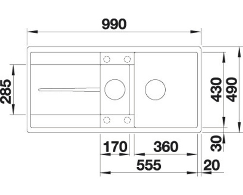 Technische tekening van een spoelbak met afmetingen