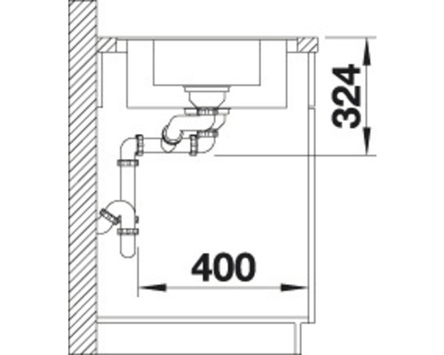 Schema van een gootsteen met buizen en afmetingen.