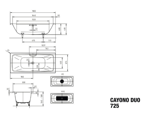 Technische tekening van een Cayono Duo 725 badkuip met afmetingen