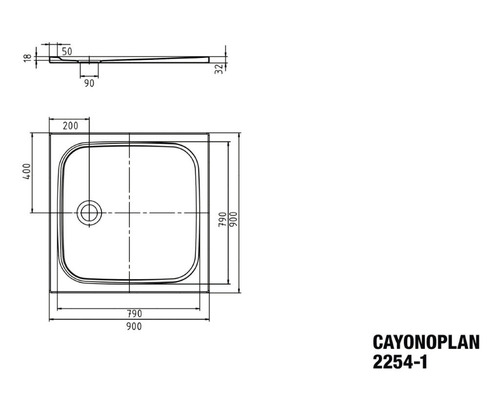 Technische tekening van een CAYONOPLAN douchebak met afmetingen