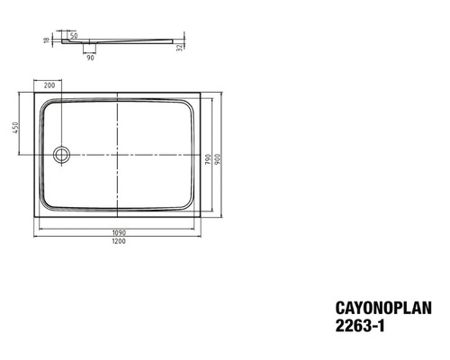 Technische tekening van een douchebak met afmetingen