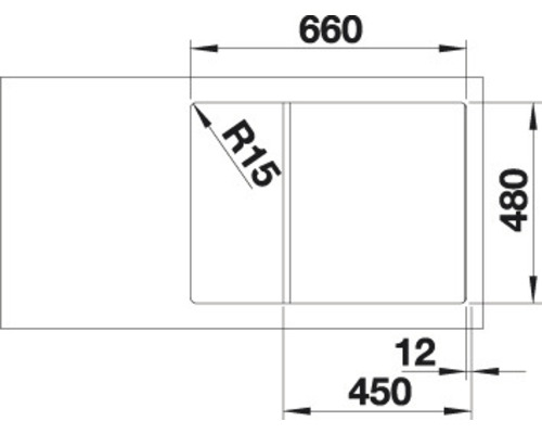 Technische tekening van een spoelbak met de afmetingen 660 x 480 millimeter