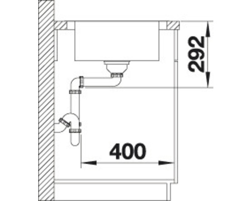 Technische tekening van een spoelbak met afmetingen