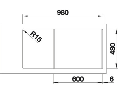 Tekening van een spoelbak met afmetingen van 980 x 480 millimeter