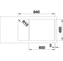 Technische tekening van een spoelbak met afmetingen van 840 x 480 millimeter