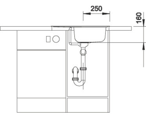 Technische tekening van een gootsteen met onderkast en afmetingen.