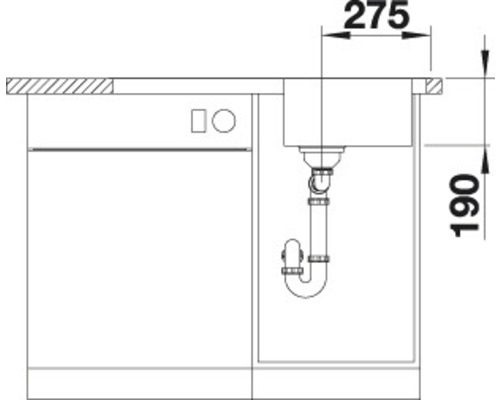 Schets van een gootsteen met de afmetingen 275 en 190 millimeter.