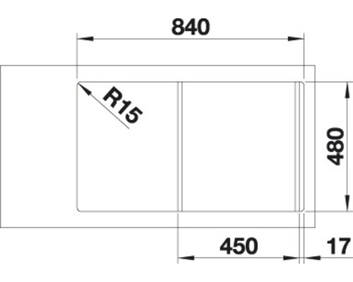 Technische tekening van een spoelbak met afmetingen.