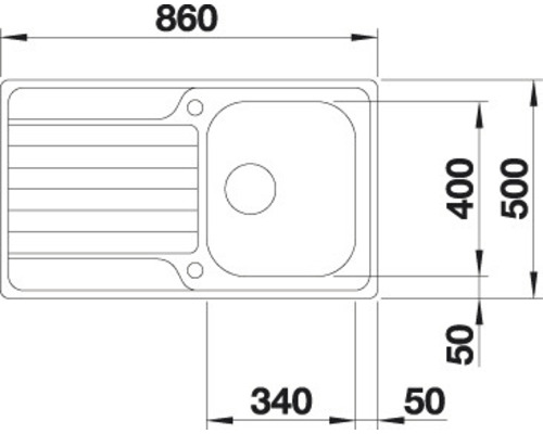 Technische tekening van een spoelbak met de afmetingen 860 x 500 mm