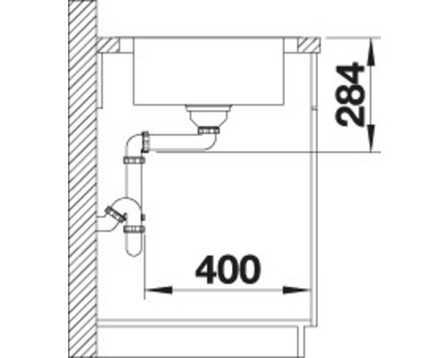 Technische tekening van een spoelbak met afmetingen
