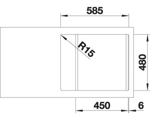 Tekening van een spoelbak met de afmetingen 585, 480, 450 en een radius van 15.