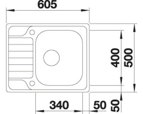 Technische tekening van een spoelbak met afmetingen van 605 x 500 millimeter.