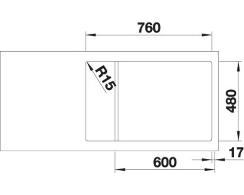 Schets van een spoelbak met de afmetingen 760 x 480 millimeter