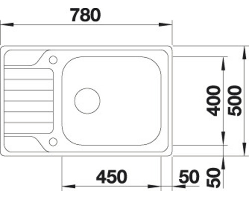 Technische tekening van een spoelbak met afmetingen