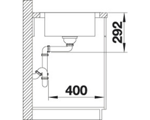 Technische tekening van een spoelbak met afmetingen van 400 en 292 millimeter.