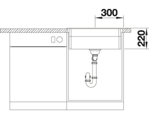 Tekening van een gootsteen met afmetingen 300 en 220 millimeter.