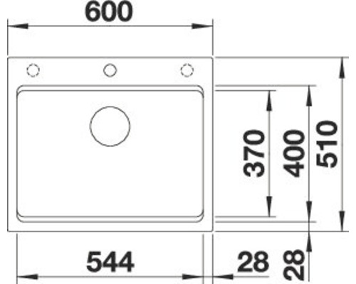 Technische tekening van een gootsteen met maataanduidingen.