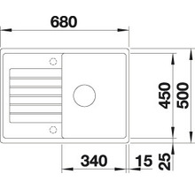 Tekening van een spoelbak met de afmetingen 680, 500 en 450 millimeter
