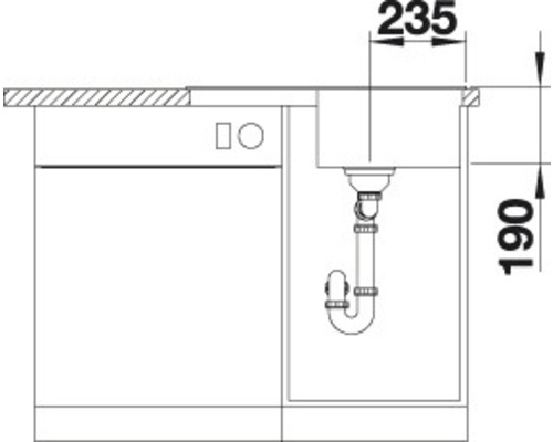 Technische tekening van een gootsteen met afmetingen voor keukenplanning