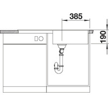Schets van een spoelbak met afmetingen van 385 x 190 millimeter
