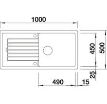 Technische tekening van een aanrechtbak met afmetingen.