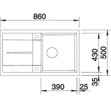 Tekening van een gootsteen met maatvoering in millimeters