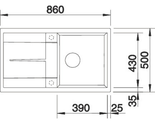 Tekening van een gootsteen met maatvoering in millimeters