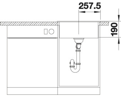 Schema tekening van een spoelbak met de afmetingen 257,5 en 190 millimeter.
