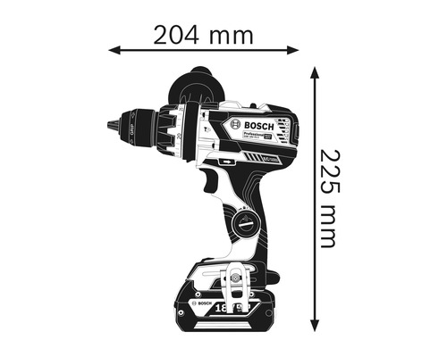 Afbeelding van een Bosch accuschroefboormachine met afmetingen van 204 mm breed en 225 mm hoog.