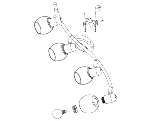 Tekening van een plafondlamp met vier spots en montagemateriaal
