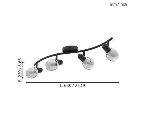 Plafondlamp met vier spots en afmetingen