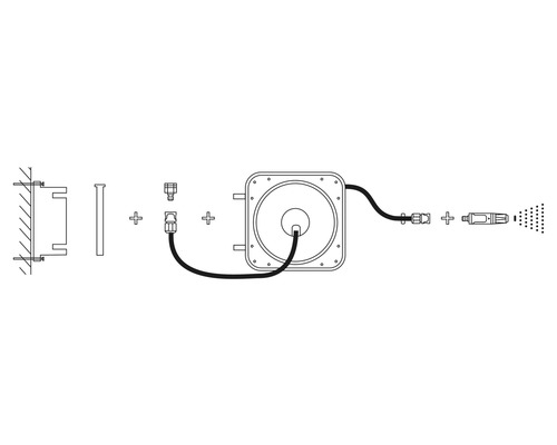 Explosietekening van een tuinslangbox met wandhouder en sproeikop
