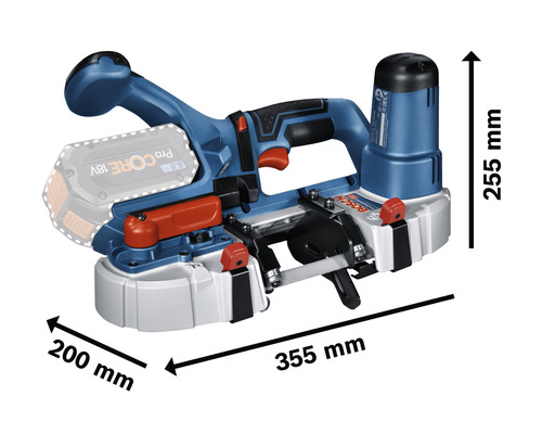 Bosch accu-lintzaag met de afmetingen 355 mm lengte, 200 mm breedte en 255 mm hoogte.