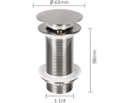 Wastafelplug met afmetingen 63 mm diameter en 98 mm lengte