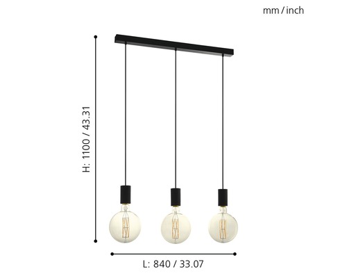 Illustratie van een hanglamp met drie lampen en maataanduidingen