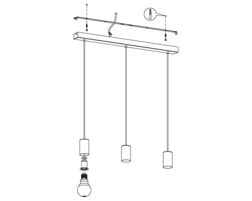 Tekening van een hanglamp met drie lampen en installatie details.