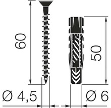 Technische tekening van een schroef met plug en maatgegevens